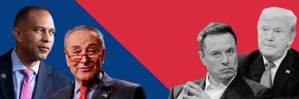 Hakeem Jeffries, Chuck Schumer//Elon Musk, Donald Trump