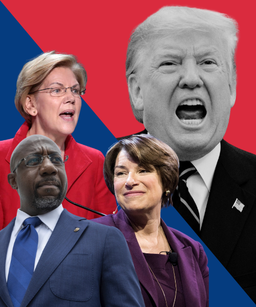Sens. Amy Klobuchar, Elizabeth Warren and Raphael Warnock / Donald Trump