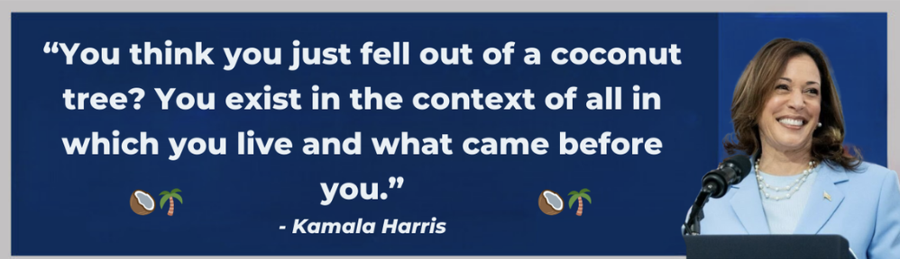 Kamala, “‘You think you just fell out of a coconut tree? You exist in the context of all in which you live and what came before you.’”